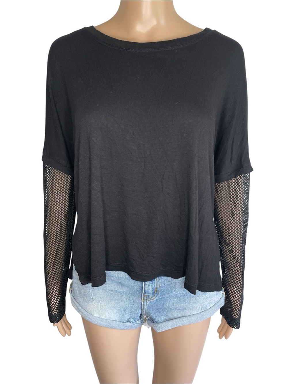 Forever21 Grungy Emo Goth Black Mesh Side Slit Pullover Crewneck Long Sleeve Top